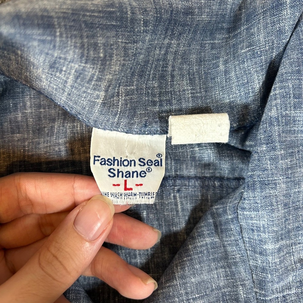 Vintage Mens Guayabera Blue Chambray Short Sleeve Pearl Snap‎ Shirt Size L 70s - Picture 2 of 6